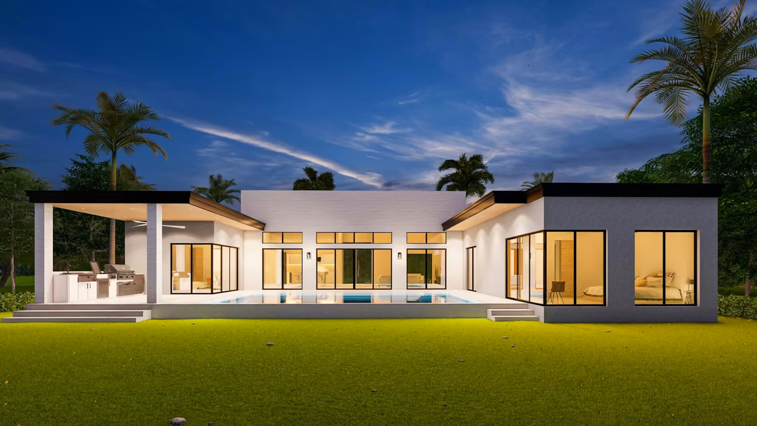 A modern house with a pool in front of it